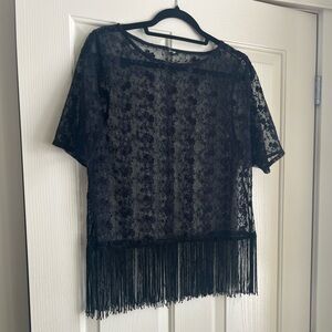 Black Lace Fringe Short Sleeve Top Size M EUC